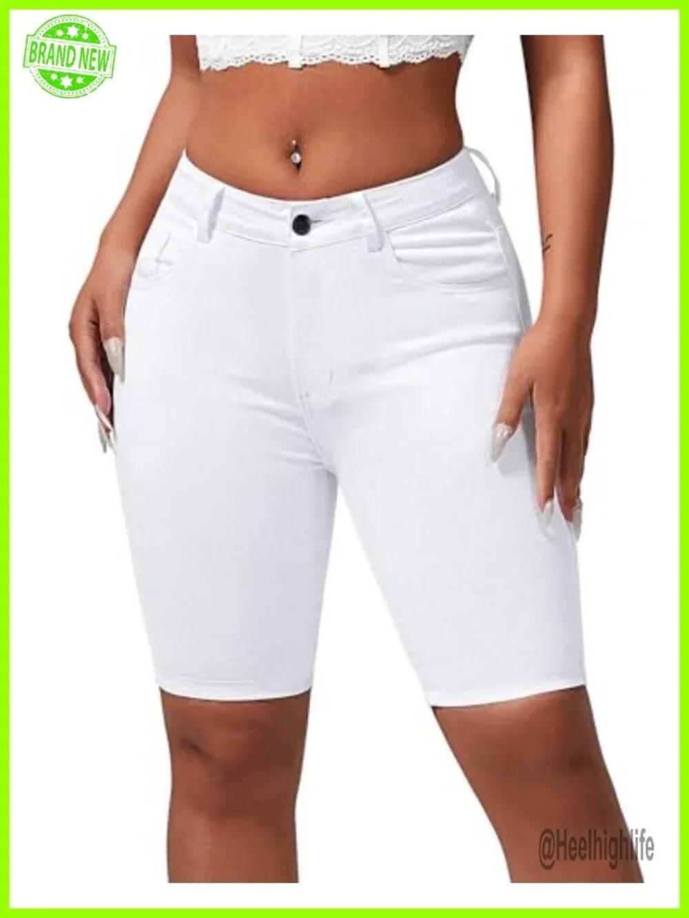 High Waisted Bermuda Shorts Stretchy Knee Length Denim
